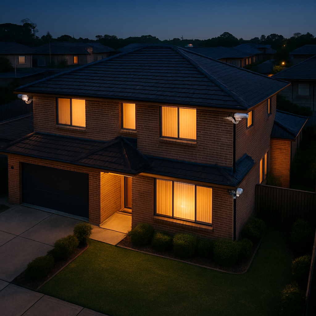 Aerial view of a secure Australian suburban home with visible security cameras at dusk