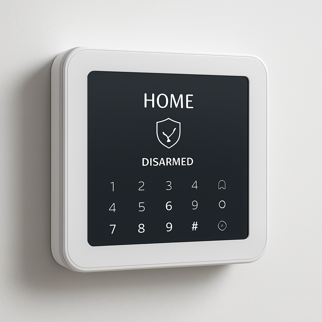 Modern home alarm control panel with touchscreen keypad mounted on interior wall